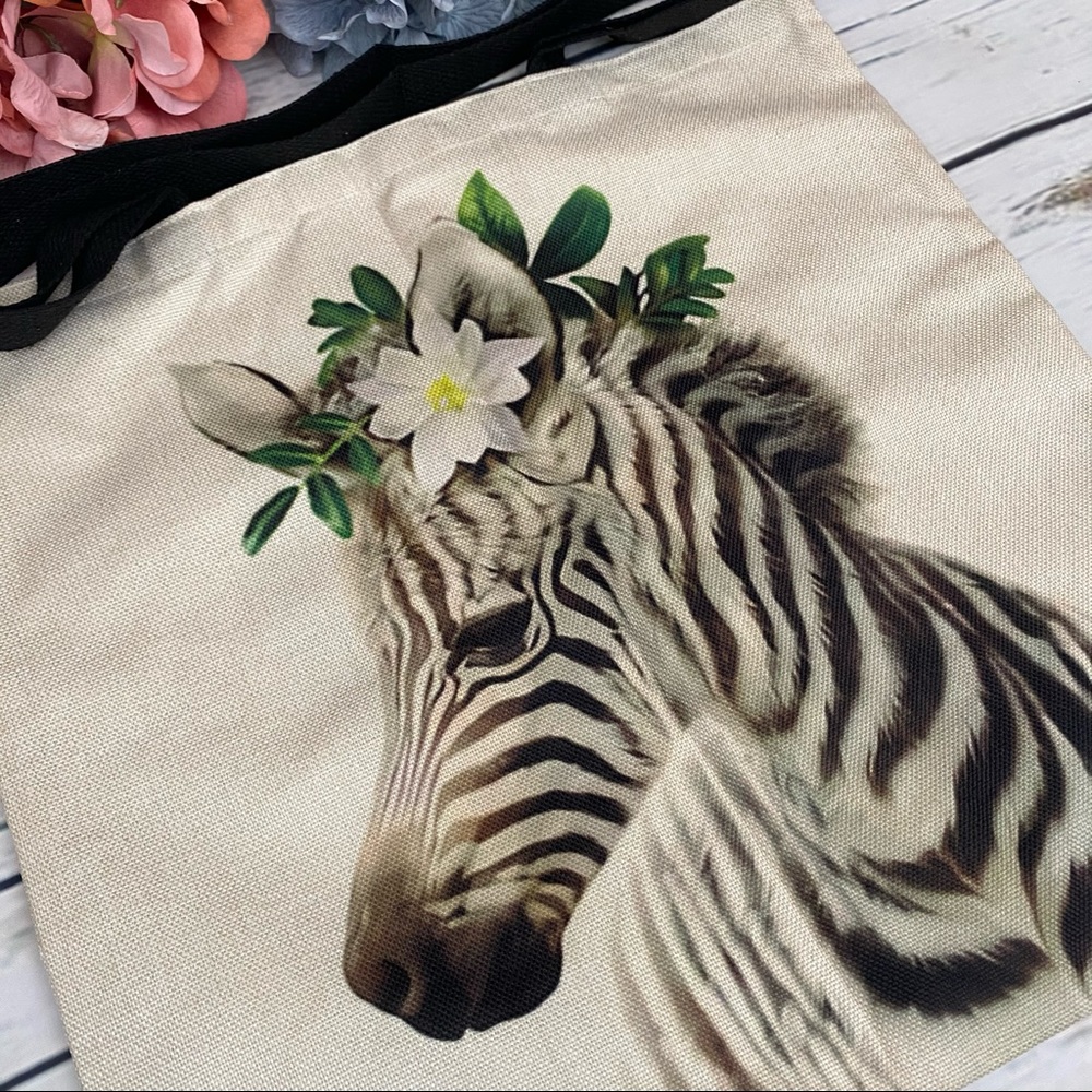Eco-Friendly Folding Zebra with Flowers Tote Bag - Picture 6 of 15
